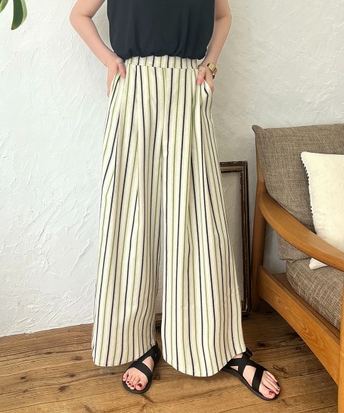 パンツ マルチストライプ柄タックワイドパンツ レディース : ZOZOTOWN
