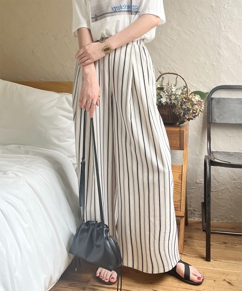 ワイドパンツ パンツ マルチストライプ柄タックワイドパンツ