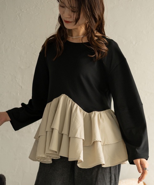 Muffiny tシャツ ボリュームフリルペプラムトップス レディース