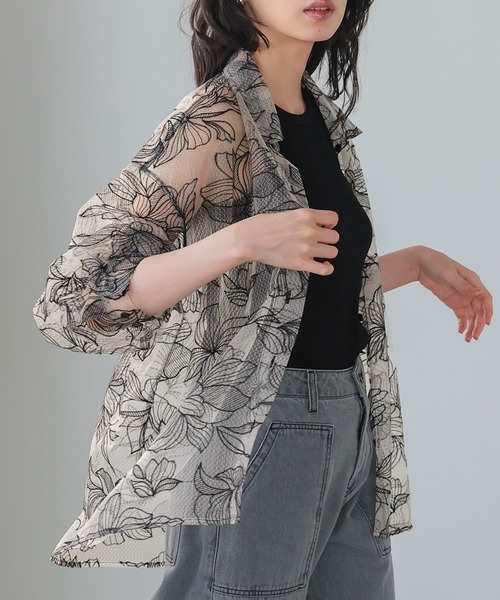 itto ブラウス シャツ チュール花柄刺繍オーバーサイズシャツ