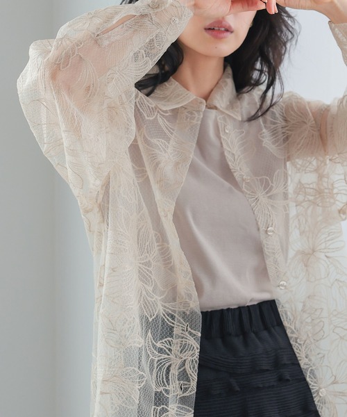 itto ブラウス シャツ チュール花柄刺繍オーバーサイズシャツ