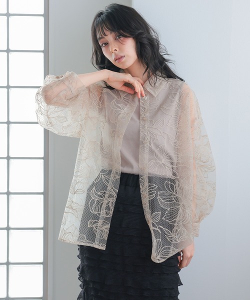 itto... ブラウス シャツ チュール花柄刺繍オーバーサイズシャツ 