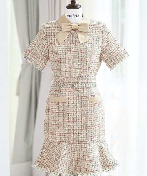 【美品】emiriawiz ツイード 半袖ワンピース S emiriawiz（エミリアウィズ） 半袖ワンピース MEDIUM グリーン