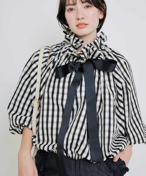 PICCIN ビッグカラーグログランリボンストライプブラウス ザビエルストライプ PICCIN（ピッチン） ブラウス シャツ ビッグカラーグログランリボン