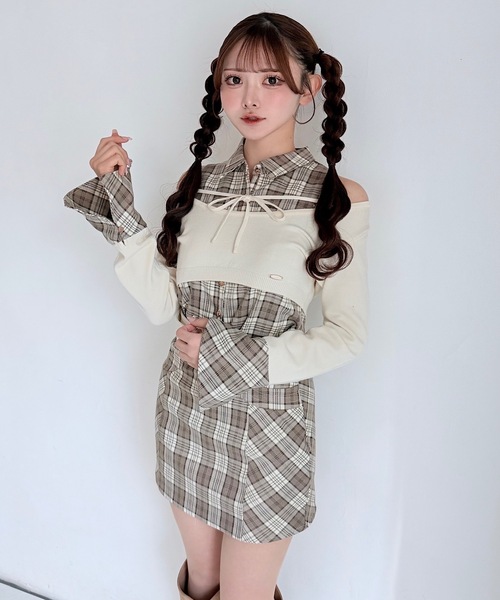 NOMAE チェックシャツレイヤードニット チェックミニタイトスカート NOMAE（ノーマエ） ニット セーター 「セットアップ対応」チェック