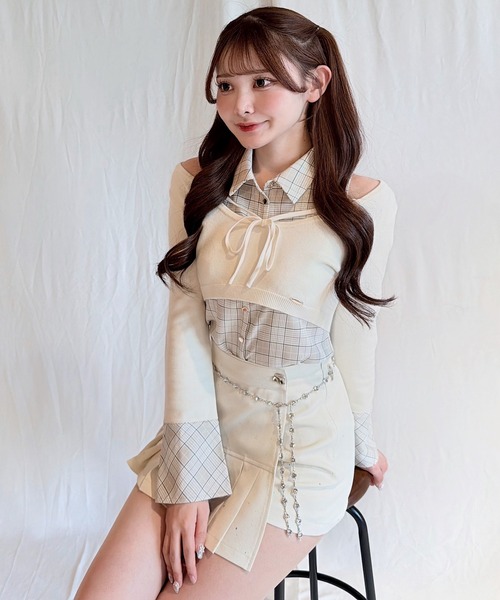 NOMAE チェックシャツレイヤードニット チェックミニタイトスカート NOMAE（ノーマエ） ニット セーター 「セットアップ対応」チェック