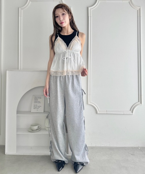 Loueme キャミソール ダブルリボンランジェリーサテンキャミソール
