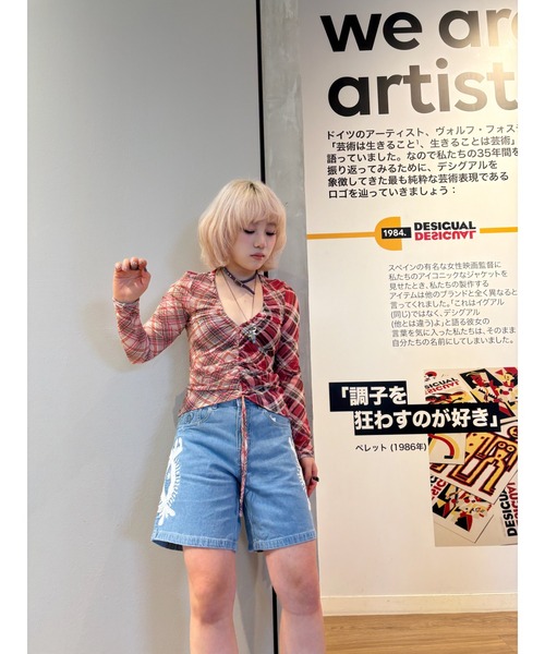 Desigual（デシグアル） tシャツ ピンクマルチトーンチェック×フロント