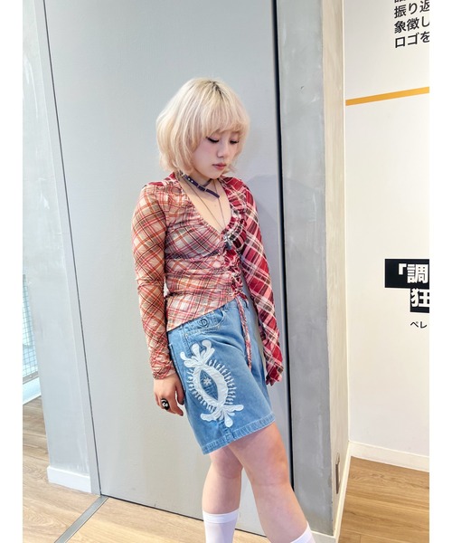 Desigual（デシグアル） tシャツ ピンクマルチトーンチェック×フロント