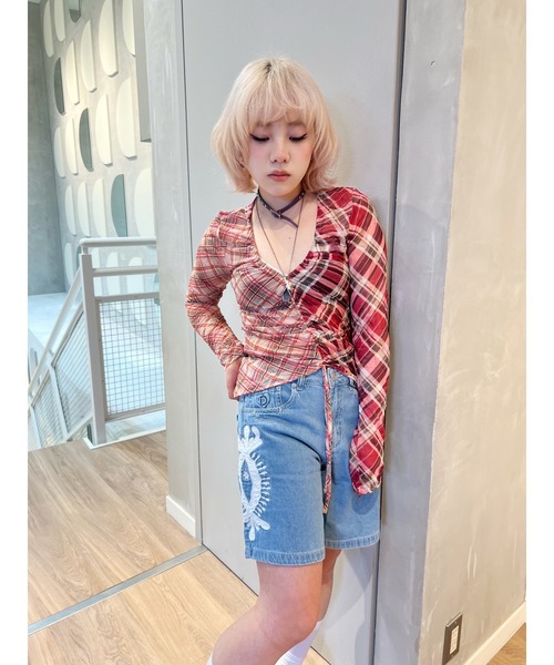Desigual（デシグアル） tシャツ ピンクマルチトーンチェック×フロント
