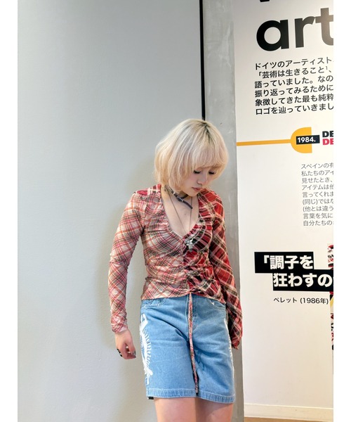 Desigual（デシグアル） tシャツ ピンクマルチトーンチェック×フロント