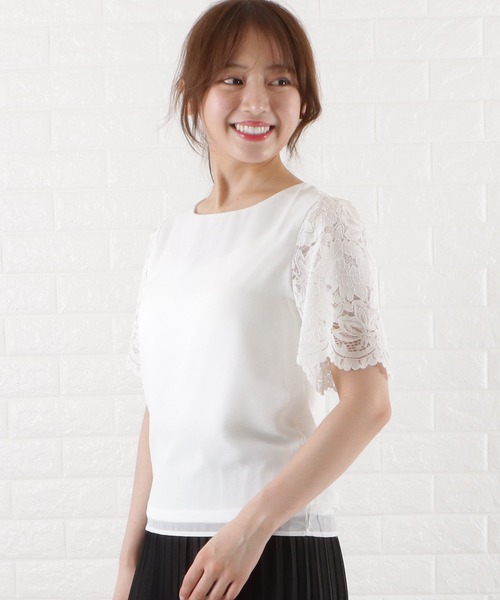 「OLIVE des OLIVE」 半袖ブラウス FREE サックスブルー レディース Lace Ladies ブラウス シャツ 半袖レーススリーブ シフォンプル