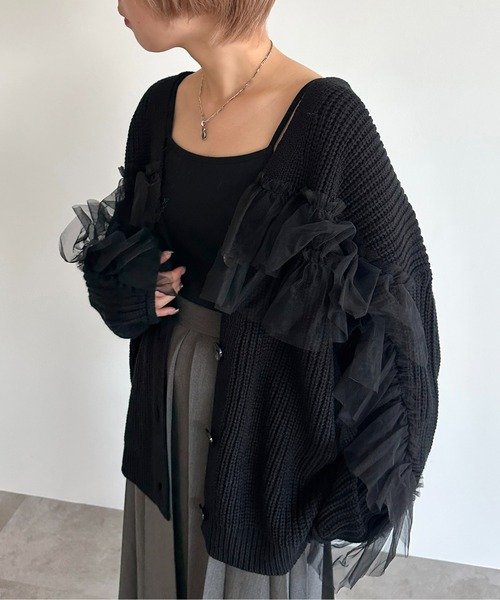 AD2023ノワール　チュール付きカーディガン apres jour mignon（アプレジュールミニョン） カーディガン チュール