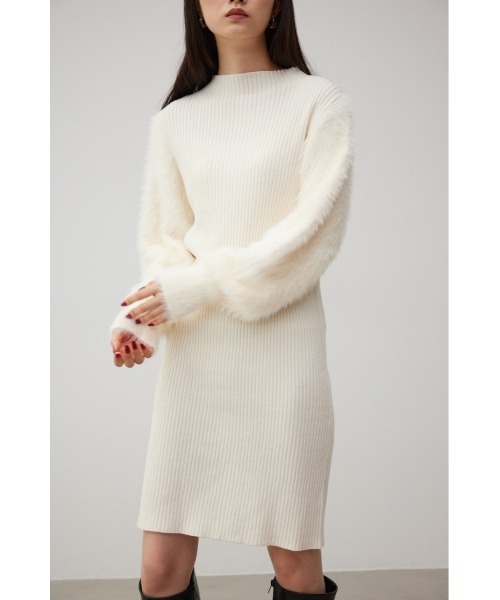 もこもこスリーブ 長袖 リブニット ワンピース ミニ AZUL BY MOUSSY ワンピース シャギースリーブミニニット