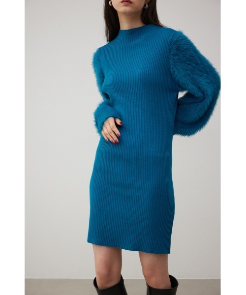 もこもこスリーブ 長袖 リブニット ワンピース ミニ AZUL BY MOUSSY ワンピース シャギースリーブミニニット