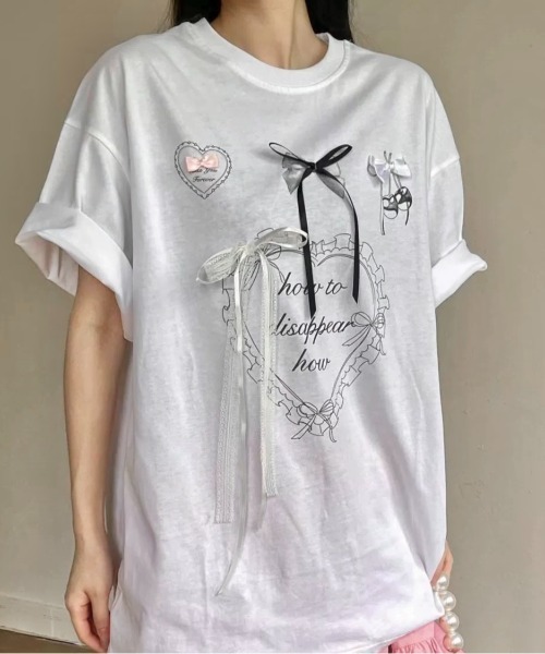 LADY LIKE（レディライク） tシャツ サテンレースリボン付きTシャツ
