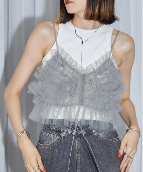 leimn ベスト ジレ チュールフリルペプラムビスチェ レディース