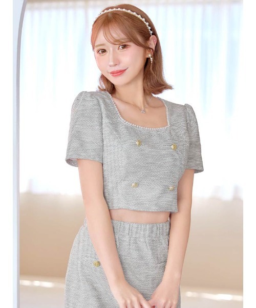 DAZZYスクエア パールビジュー ダブルボタン 半袖 タイト ミニセットアップ DAZZY ドレス スクエア パールビジュー ダブルボタン 半袖