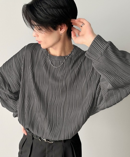 長袖Tシャツ メンズ ジャガード ループ装飾デザイン 2色 ジャカードコンビ パッチワーク デザインTシャツ（長袖）（47