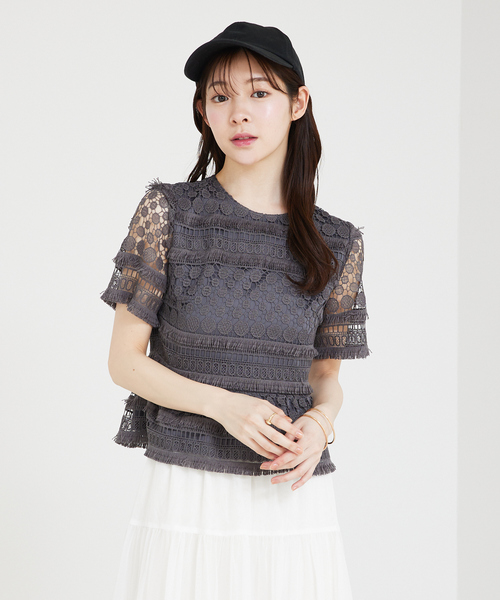 ブラウス シャツ 「セットアップ対応」ケミカルレースペプラムブラウス　半袖　夏服 オケージョン レディース SELFIST ブラウス シャツ 「セットアップ対応」ケミカルレース