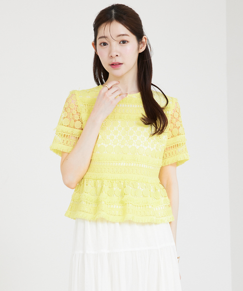 ブラウス シャツ 「セットアップ対応」ケミカルレースペプラムブラウス　半袖　夏服 オケージョン レディース