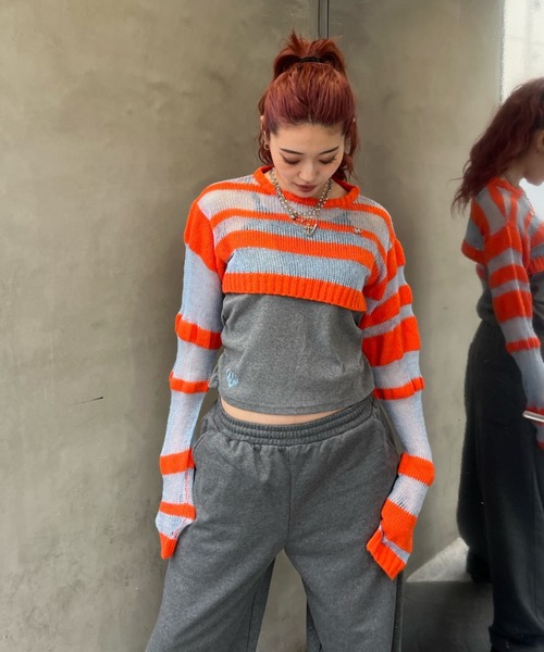 HTH ニット セーター layered border sheer knit レディース