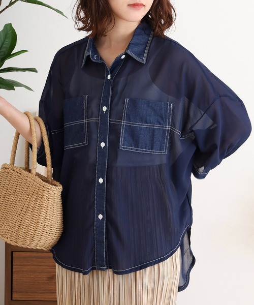 ブラウス シャツ je crois soi レース＆デニム　シャツ レディース FUNALIVE ブラウス シャツ je crois soi 刺繍グラデーション
