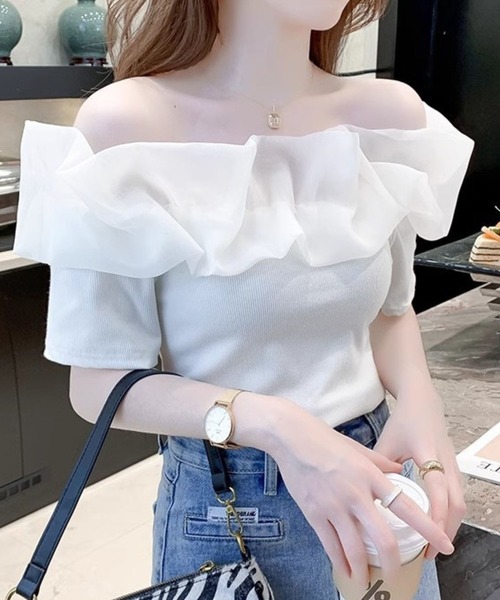 ブラウス シャツ シフォンオーガンジーオフショルダトップス レディース