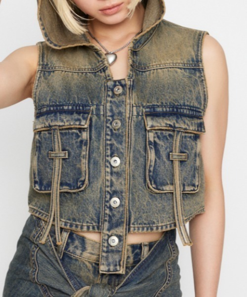 LAGUA GEM ベスト ジレ POCKET HOODIE デニムベスト レディース