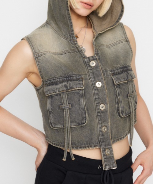 LAGUA GEM ベスト ジレ POCKET HOODIE デニムベスト レディース
