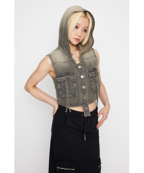 LAGUA GEM ベスト ジレ POCKET HOODIE デニムベスト レディース