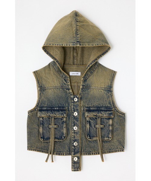 LAGUA GEMブラウン コーデュロイ風 ベスト LAGUA GEM | ZIP POCKET FAUX LEATHER ベスト (タンクトップ