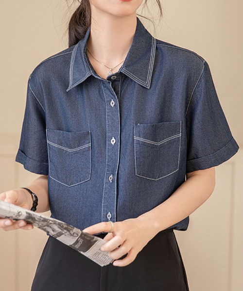 ◎PINK HOUSE◎ブラックデニムジャケット 半袖 リボン ステッチ シャツ 2ly2 ブラウス シャツ 半袖 白ステッチダブルボケットデニムシャツ