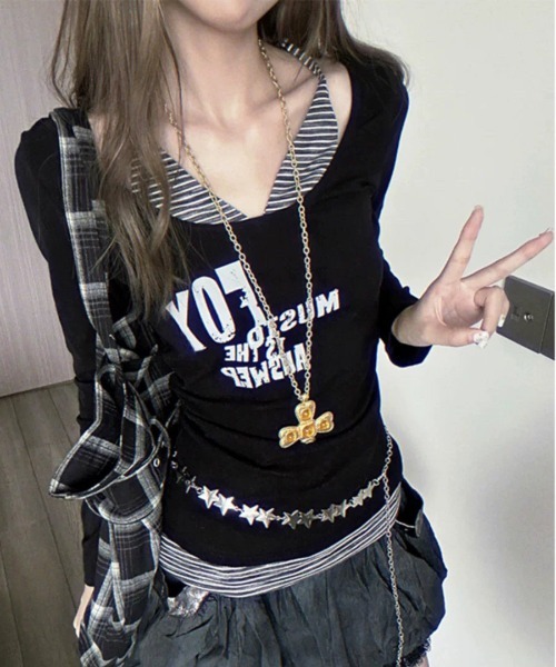 gossip!ロサンゼルス tシャツ Y2K レトロ ボーダーキャミフェイク