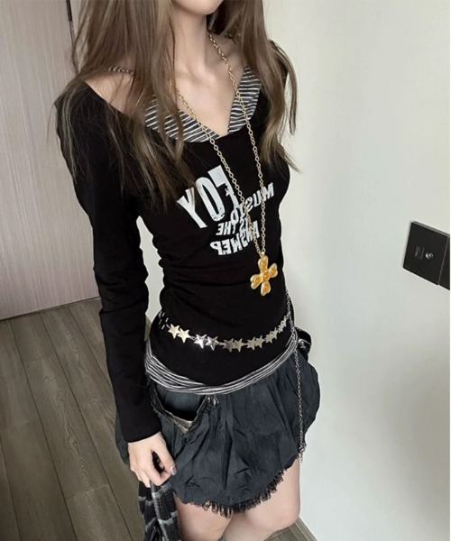 gossip!ロサンゼルス tシャツ Y2K レトロ ボーダーキャミフェイク 