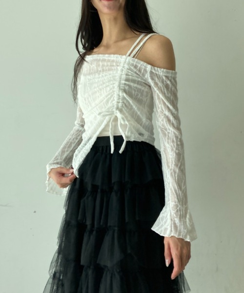 tシャツ ワンショルダー レース シャーリングリボン 長袖カットソー