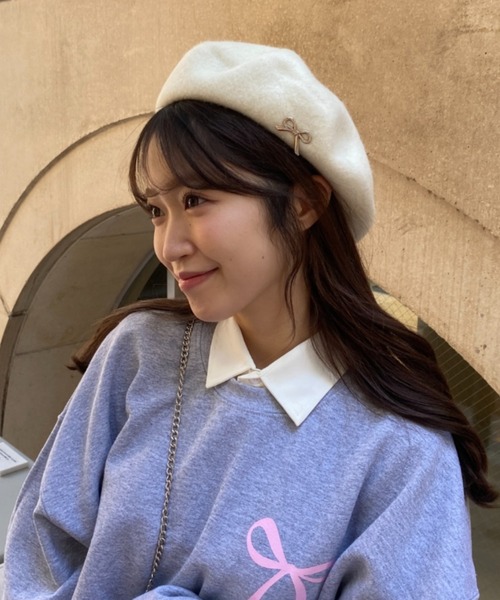 pyornim（ピョルニム） 帽子 ベレー帽 リボンワンポイントフェルト