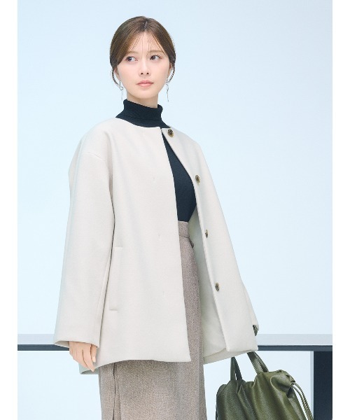 美品】Drawer ノーカラーコクーンコート メルトンウール アイボリー