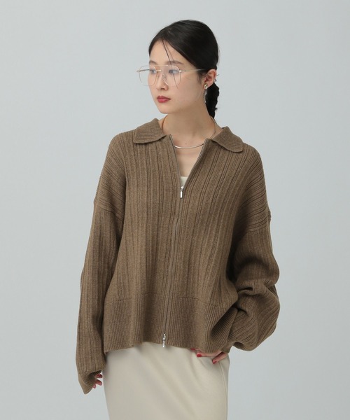 LGBカーディガン LEPSIM（レプシィム） カーディガン 5ゲージ編み柄ZIP襟カーディガン