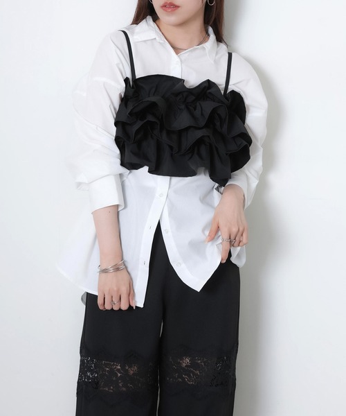 T.japan フリルビスチェ 黒 バスクトップ ペプラム キャミソール Riberry（リベリー） カップ付き キャミソール 撥水フリルビスチェ