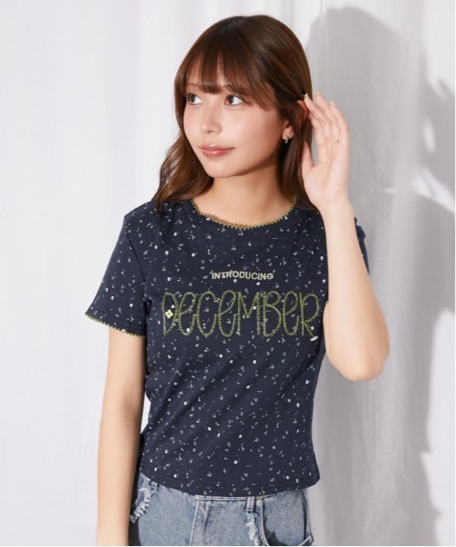 tシャツ 半袖 「フラワー総柄×ロゴ刺繍」カットソー／Y2K韓国ガーリー