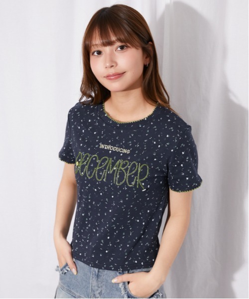 tシャツ 半袖 「フラワー総柄×ロゴ刺繍」カットソー／Y2K韓国ガーリー