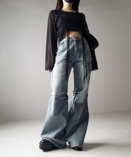 エムミーエメ Ribbon bleach flare denim アパレルブランドme+em select ミームセレクト | 【 𝐬𝐭𝐫𝐞𝐭𝐜𝐡