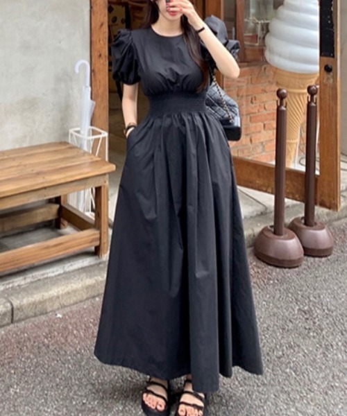 ABITOKYO ワンピース ウエストシャーリングパフスリーブロング