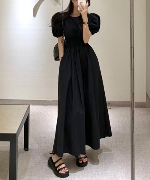 ABITOKYO ワンピース ウエストシャーリングパフスリーブロング