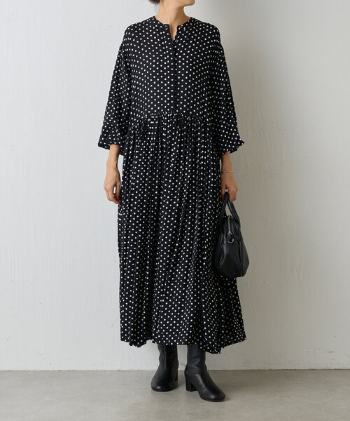 BEARDSLEY【洗える】パール釦ドットギャザーチュニック ワンピース