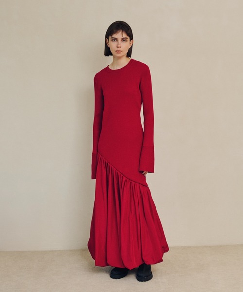 emmi atelier ニットドッキングフレアワンピ emmi ワンピース ニットドッキングアシンメトリーワンピース