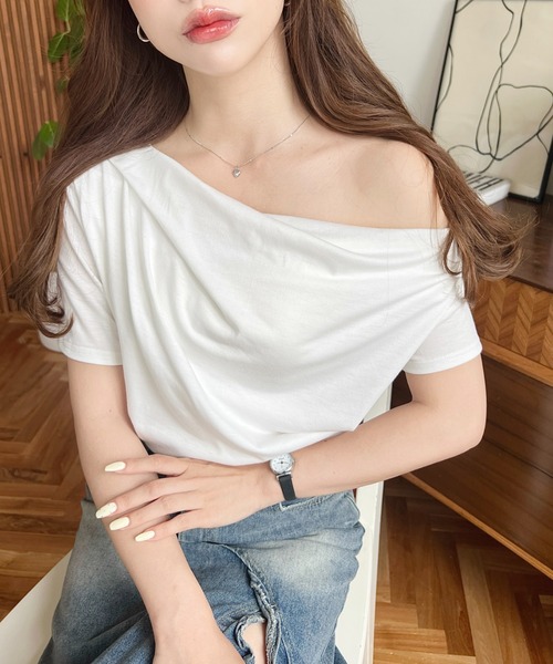 moment+ tシャツ 半袖 半袖ワンショルドレープカットソー レディース