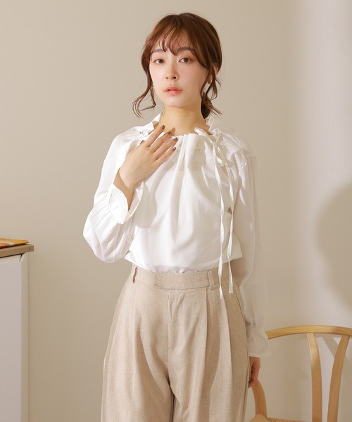 ブラウス シャツ gather neck tie blouse /ギャザーネックリボン