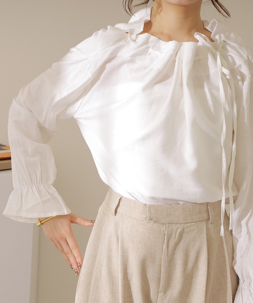 ブラウス シャツ gather neck tie blouse /ギャザーネックリボン